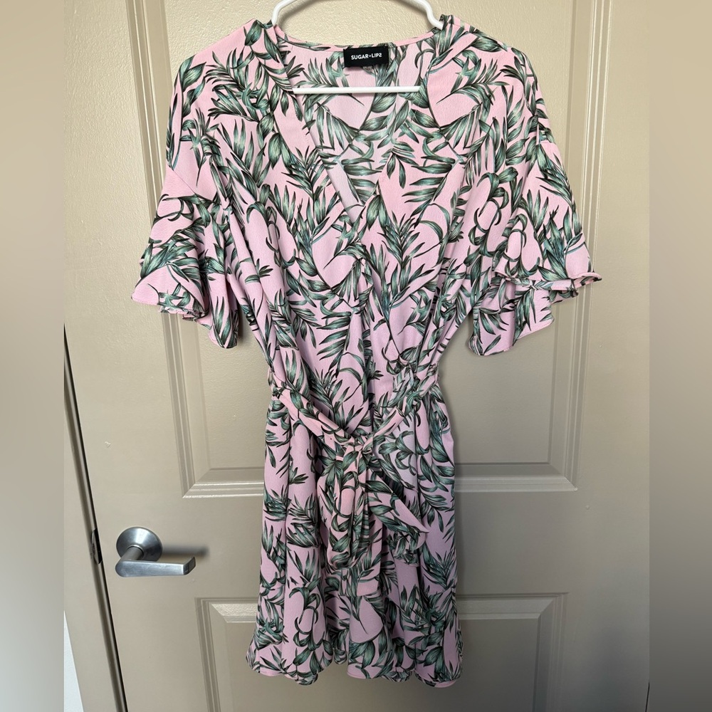 Sugarlips Pink and Green Leaf Print Wrap Dress